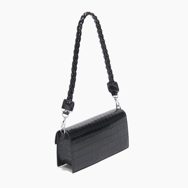 Women's Black Baguette Bags in Black Croc Print with Two Straps
