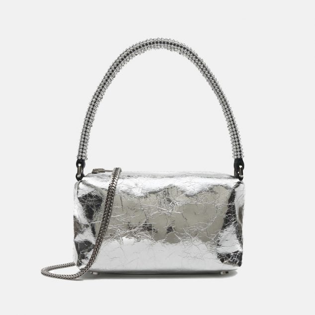 Women's Stone Grain Rhinestone Handle Clutch Bags in Genuine Leather
