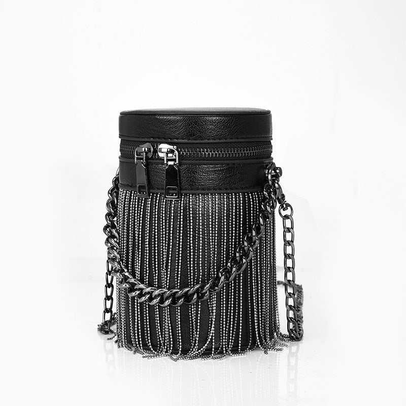 Women's Fringe Cylinder Bucket Bags in Black