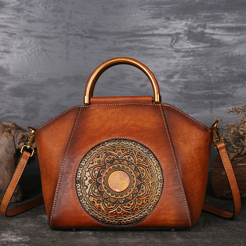 Women's Totem Embossed Vintage Top Handle Handbags in Genuine Leather