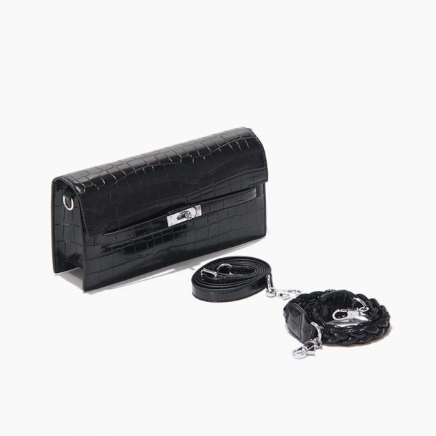 Women's Black Baguette Bags in Black Croc Print with Two Straps