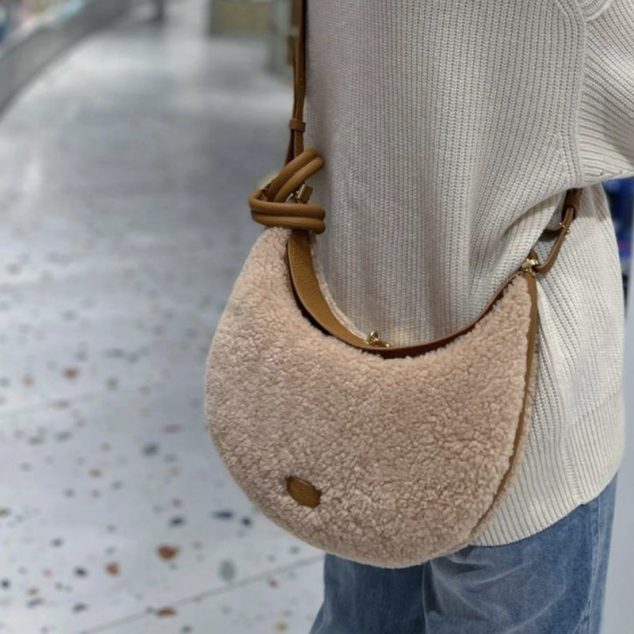 Women's Lamb Fur Cowhide Leather Hobo Baguette Bags