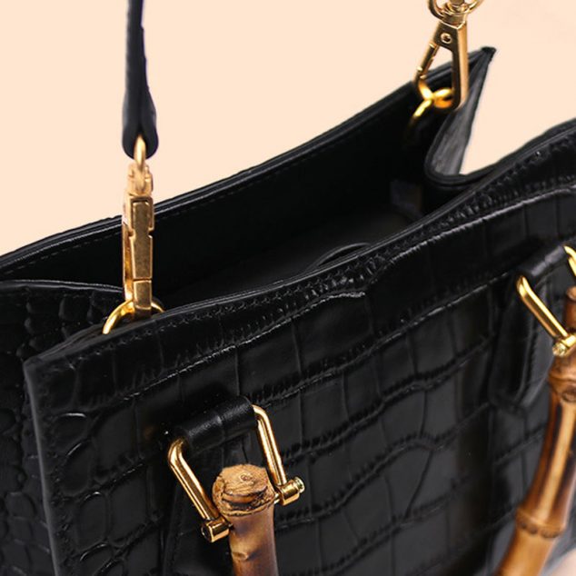 Women's Black Genuine Leather Croc Embossed Tote Bags Bamboo Top Handle