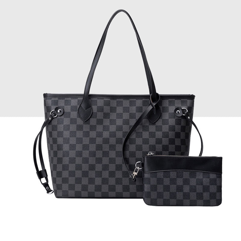 Women's Black Checkerboard Large Tote Bags with Purse