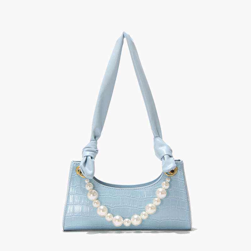 Hellblaue Damen Baguette Taschen mit Krokoprägung und Perlen