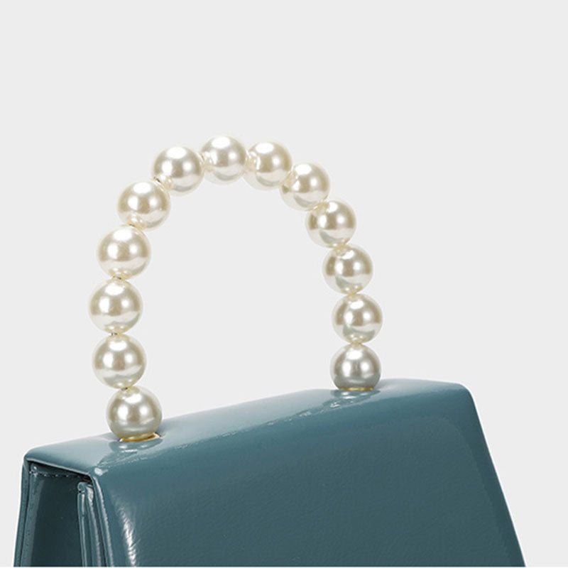 Women's Blue Vegan Leather Mini Handbags with Pearls Handle
