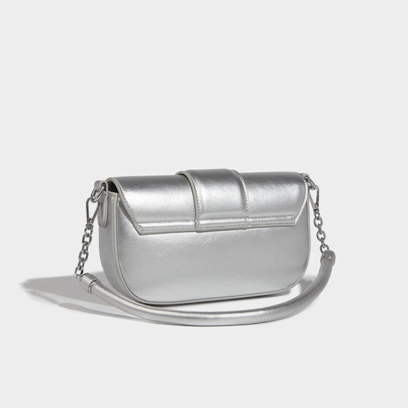 Women's Metallic Flap Buckle Baguette Bags - Silver