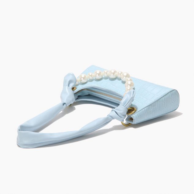 Women's Light Blue Croc Print Baguette Bags with Pearls