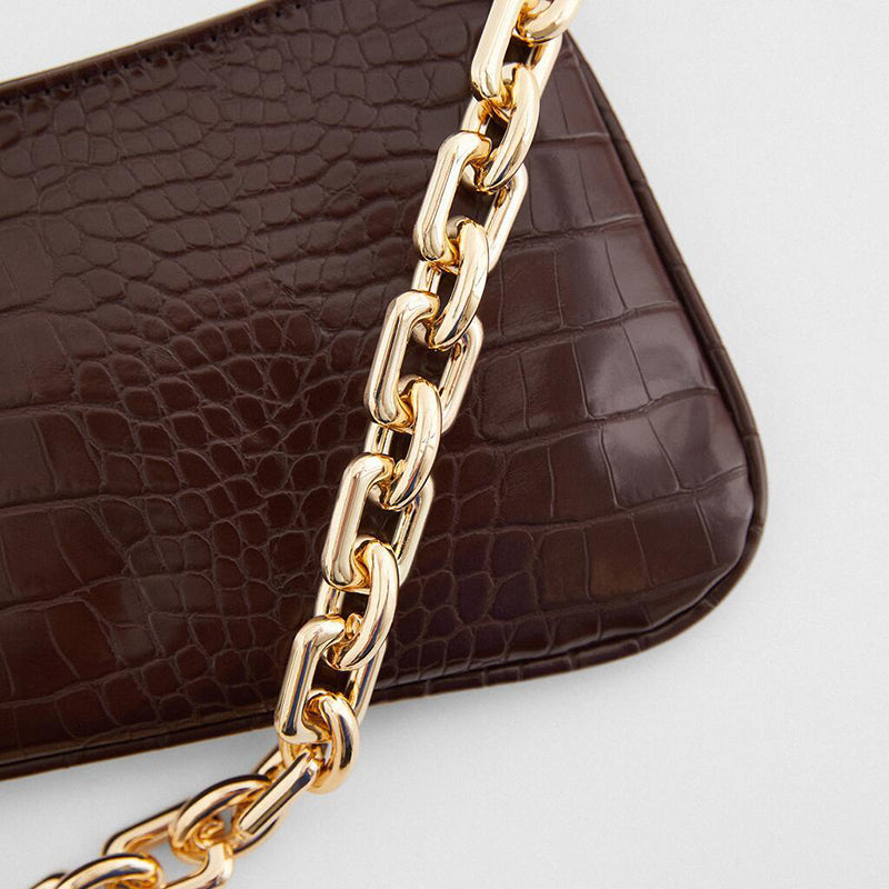 Women's Chains Baguette Bag in Brown Croc Print Vegan Leather - ROMY TISA