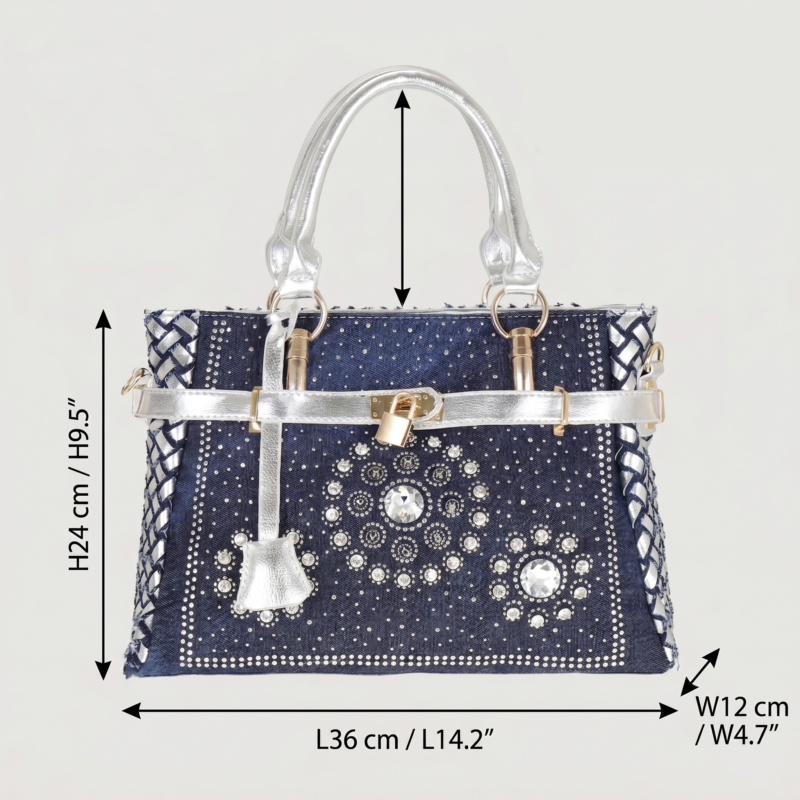 Women's Blue Denim Woven Rhinestones Handbags with Lock