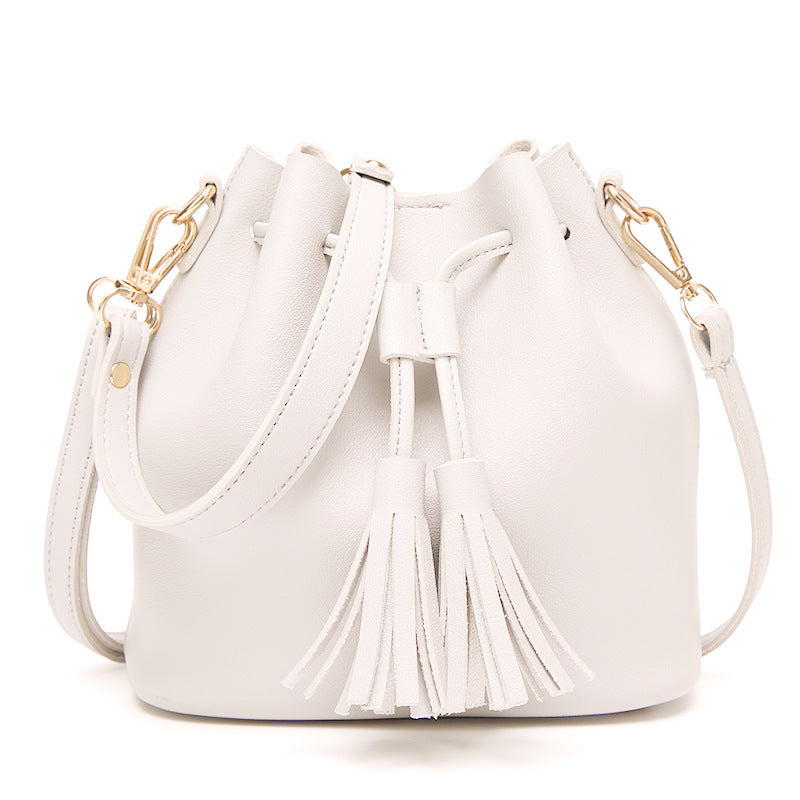 Women's Tassel Mini Bucket Bags with Drawstring in Vegan Leather