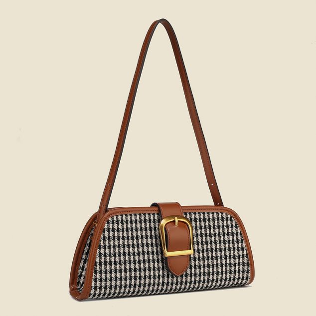 Women's Brown Houndstooth Baguette Bags with Buckle
