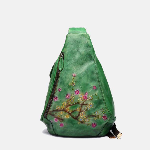 Women's Flower Embossed Vintage Genuine Leather Sling Bags - ROMY TISA