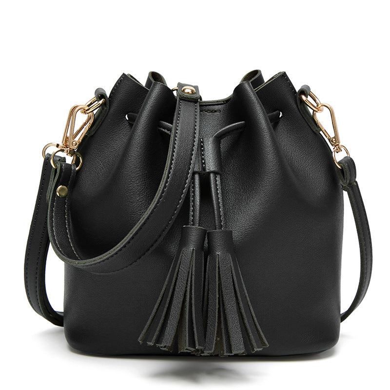 Women's Tassel Mini Bucket Bags with Drawstring in Vegan Leather