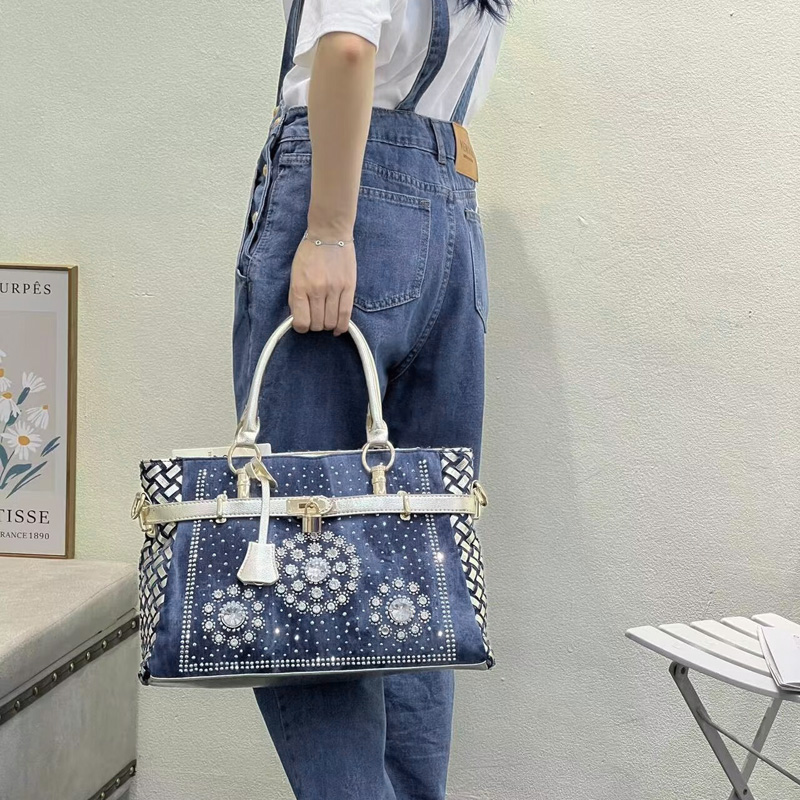Women's Blue Denim Woven Rhinestones Handbags with Lock