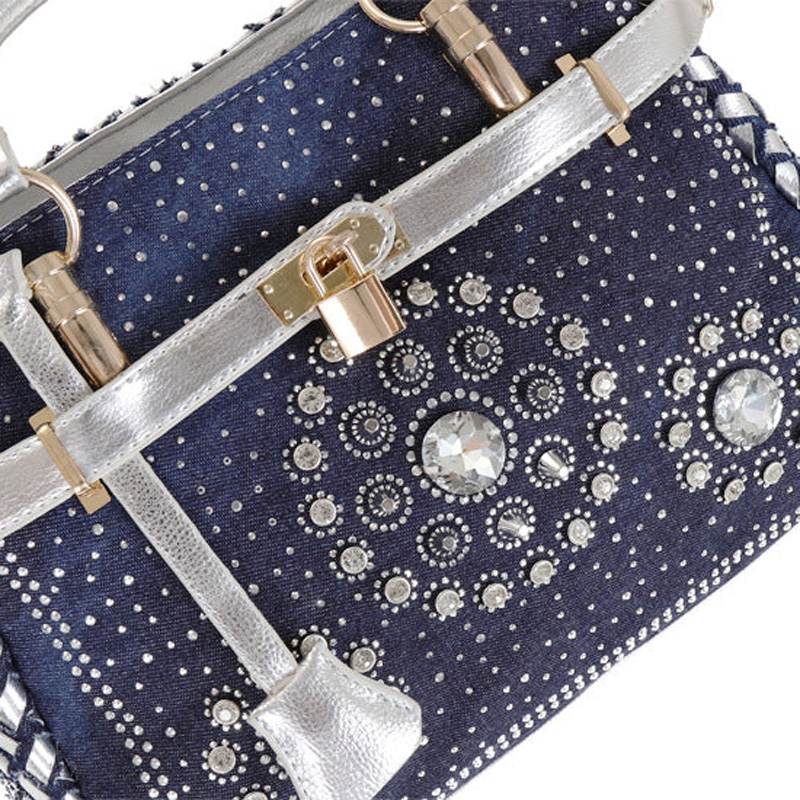 Women's Blue Denim Woven Rhinestones Handbags with Lock