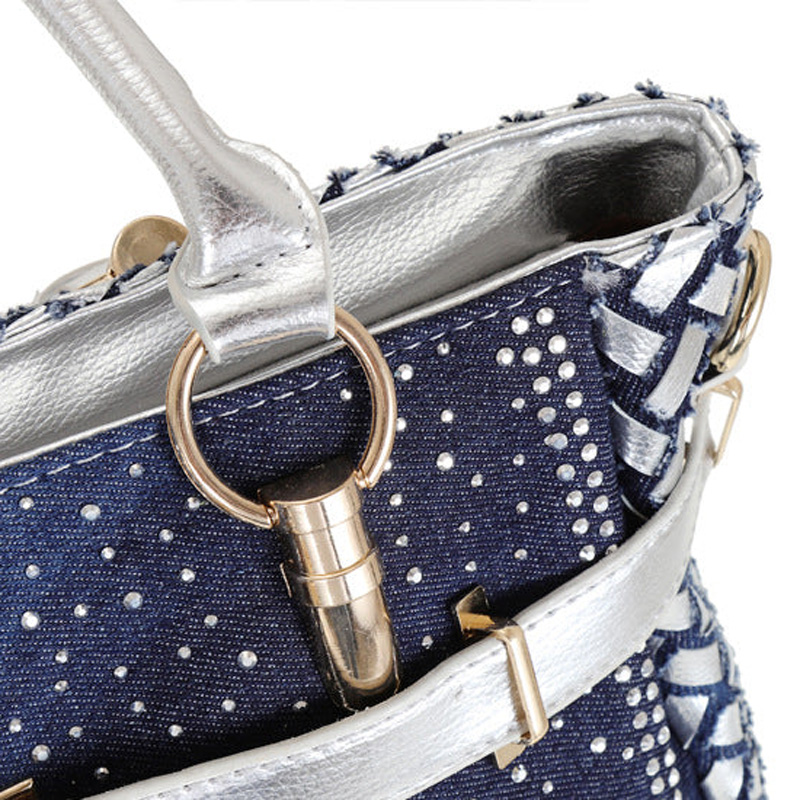 Women's Blue Denim Woven Rhinestones Handbags with Lock