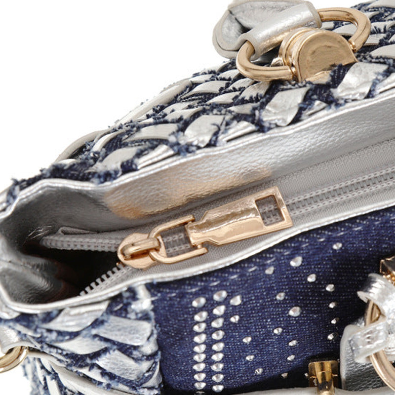 Women's Blue Denim Woven Rhinestones Handbags with Lock