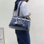 Women's Blue Denim Woven Rhinestones Handbags with Lock