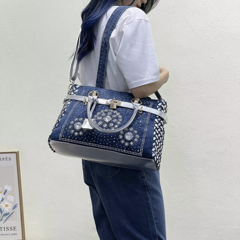 Women's Blue Denim Woven Rhinestones Handbags with Lock