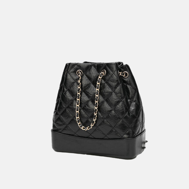 Women's Quilted Genuine Leather Crossbody Bucket Bags in Black