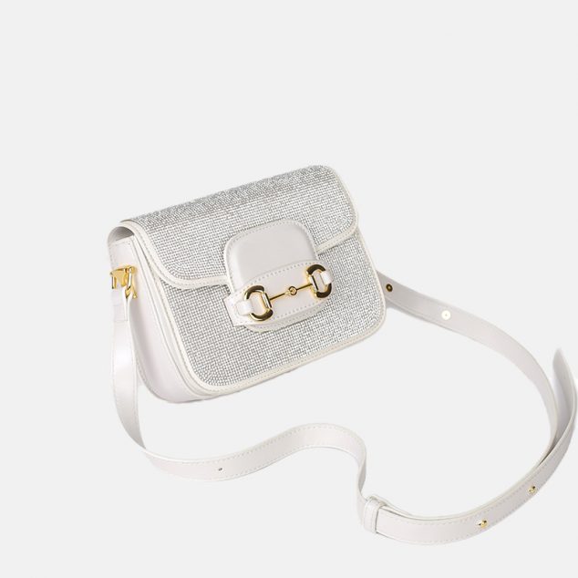 Women's Genuine Leather Rhinestones Horsebit Small Saddle Shoulder Bags