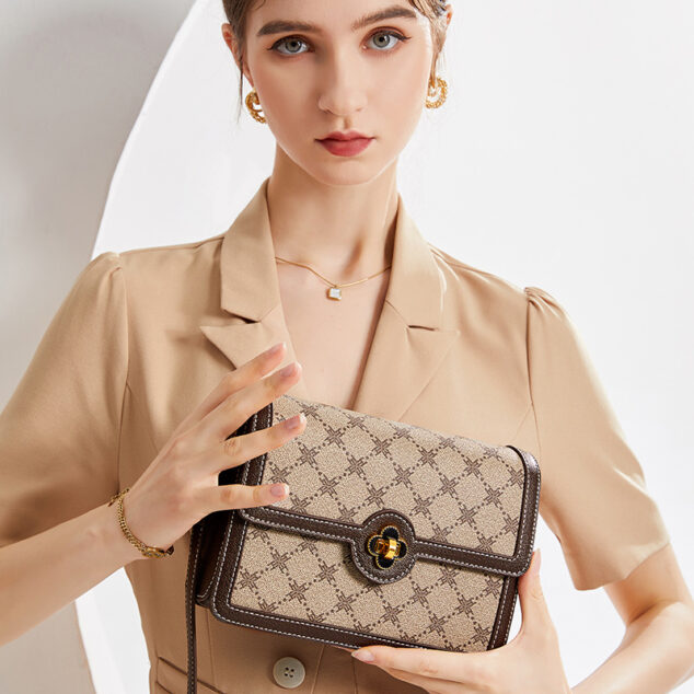 Women's Brown Leather Purse with Print Detail