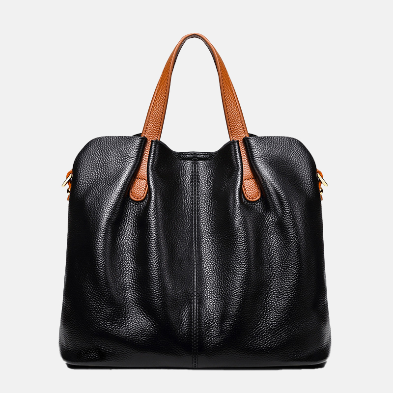 Women's Color-Block Leather Tote Bag with Shoulder Strap