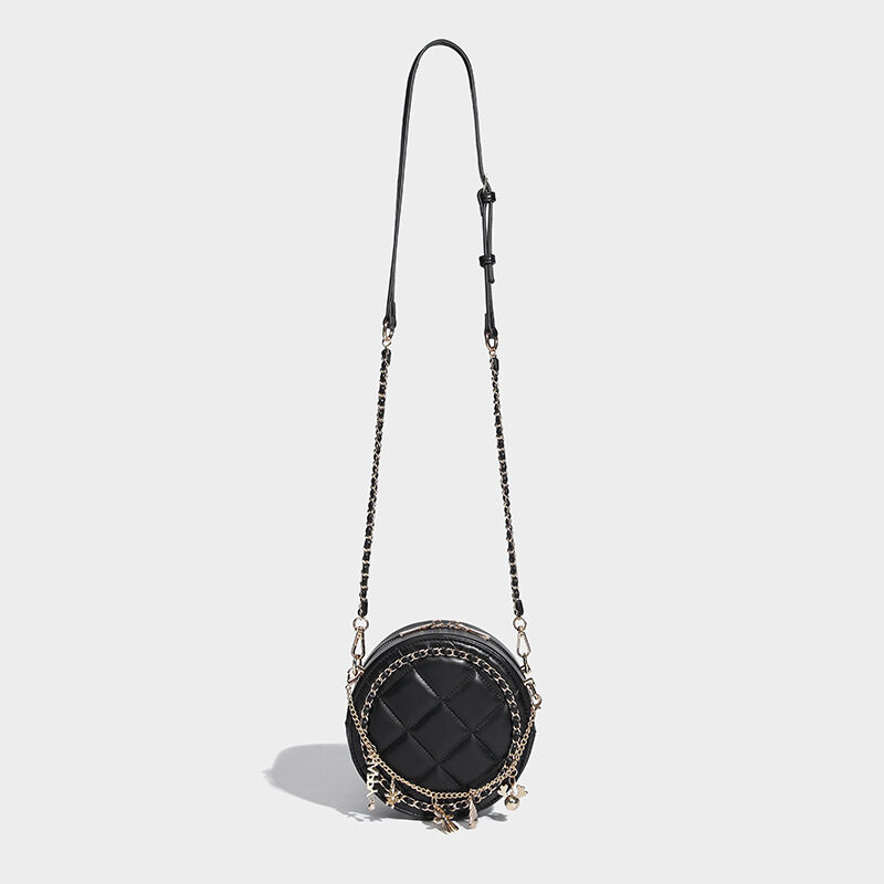 Women's Black Quilted Round Crossbody Bags in Vegan Leather