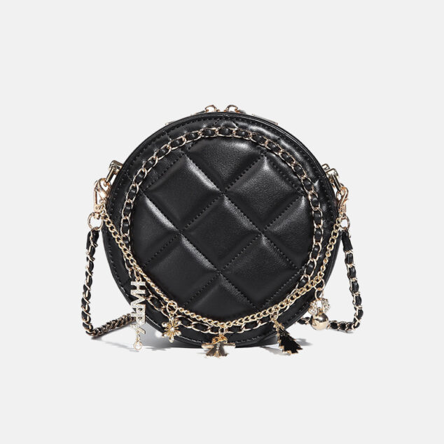 Women's Black Quilted Round Crossbody Bags in Vegan Leather