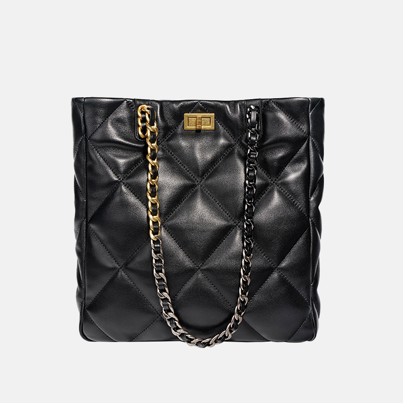 Women's Black Leather Quilted Chain Tote Bag