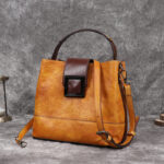 Women's Genuine Leather Crossbody Bucket Bag with Multiple Compartments