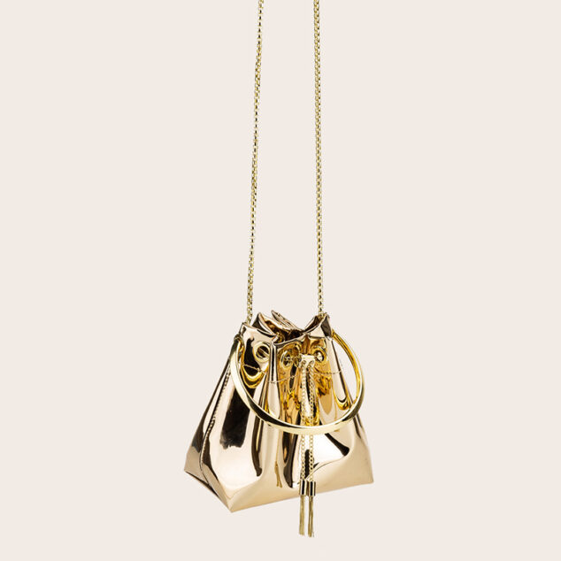 Women's Gold Fringe PVC Bucket Bag with Round Bracelet Chain Handle