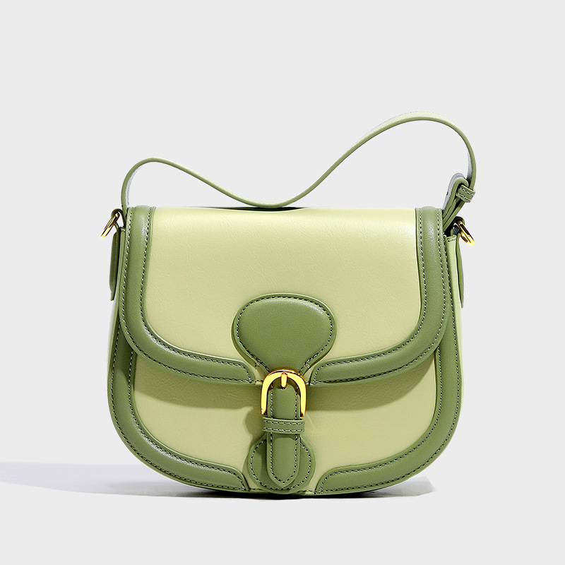 Women's Olive Green Leather Saddle Shoulder Bag with Lock Buckle