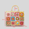 Women's Woven Grass Bamboo Handle Tote Bags with Color Block Design