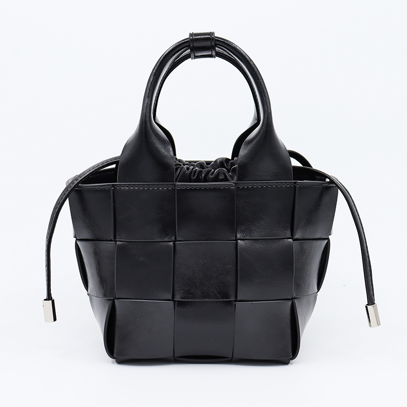 Women's Woven Leather Bucket Bag with Drawstring Closure