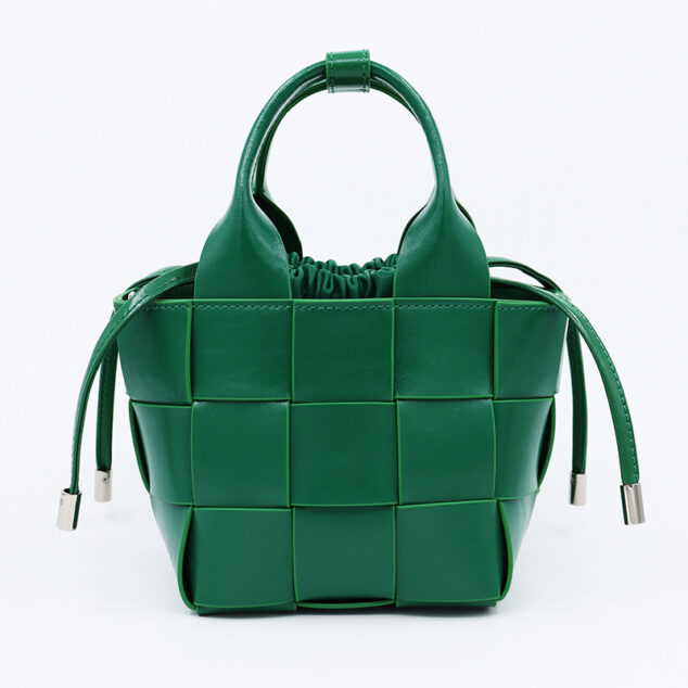 Women's Woven Leather Bucket Bag with Drawstring Closure