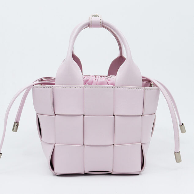 Women's Woven Leather Bucket Bag with Drawstring Closure