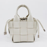 Women's Woven Leather Bucket Bag with Drawstring Closure