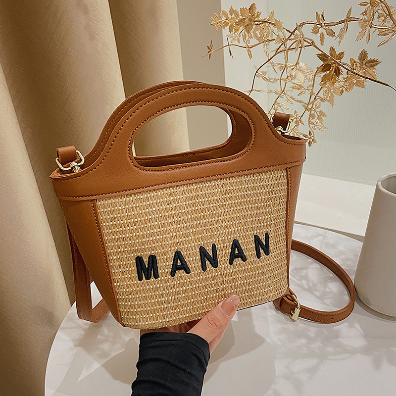 Women's Woven Straw Tote Bag with Lettering and Contrast Stitching