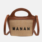 Women's Woven Straw Tote Bag with Lettering and Contrast Stitching