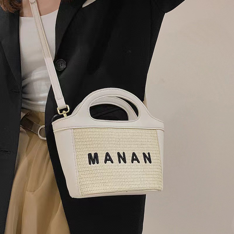Women's Woven Straw Tote Bag with Lettering and Contrast Stitching