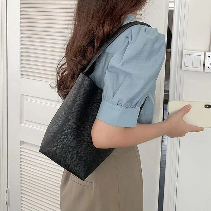 Women's Minimalist Genuine Leather Shoulder Bucket Bag with Drawstring