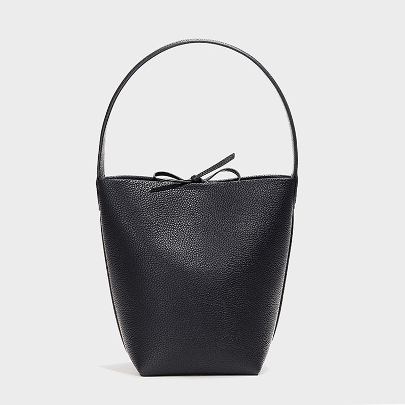 Women's Minimalist Genuine Leather Shoulder Bucket Bag with Drawstring