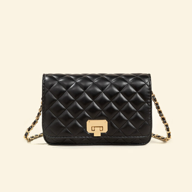 Women's Black Leather Quilted Crossbody Tote Bag with Chain Strap