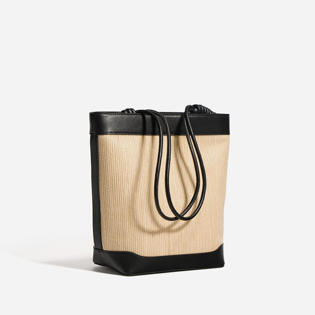 Women's Straw with Genuine Leather Shoulde Bucket Bag