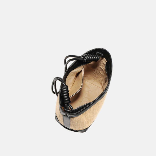 Tan/black Leather Mesh And Straw Bucket Bag