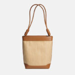 Damen Stroh mit echtem Leder Shoulde Bucket Bag