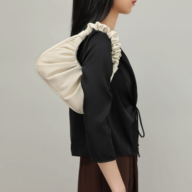 Womwn's Beige Slouchy Small Baguette Bag in Genuine Leather