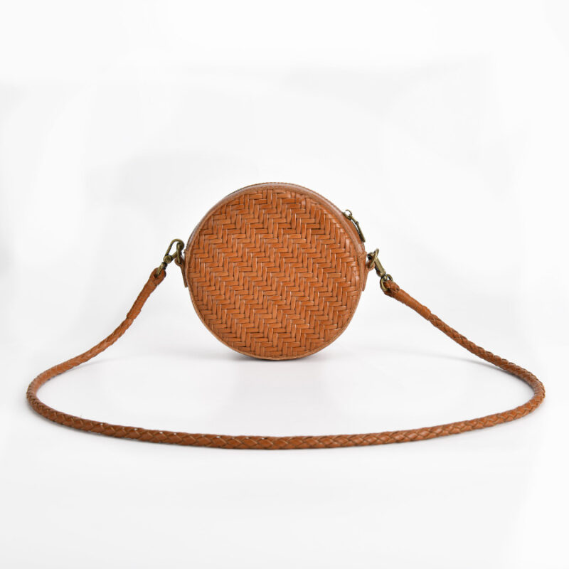 Women's Brown Woven Crossbody Round Purse in Genuine Leather